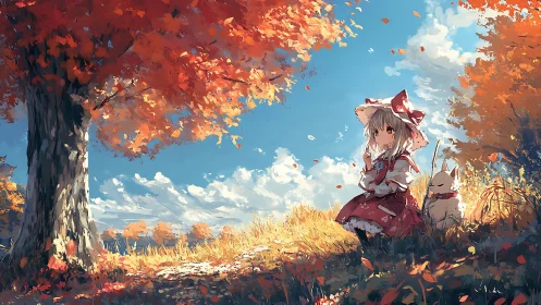 Anime girl and rabbit resting under bright autumn tree.