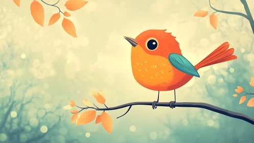 Cute Cartoon Orange Bird on Branch with Autumn Leaves, Soft Pastel Style.