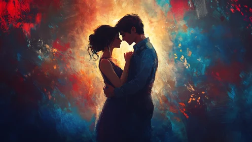 Silhouetted Couple Embracing Against Radiant Chromatic Field.