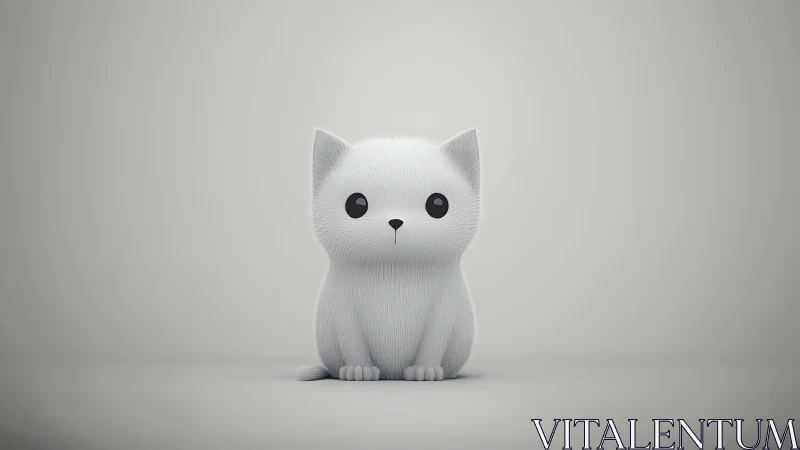 Minimal 3D white kitten character on soft gray background.