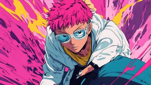 Pink haired character in motion against abstract background.