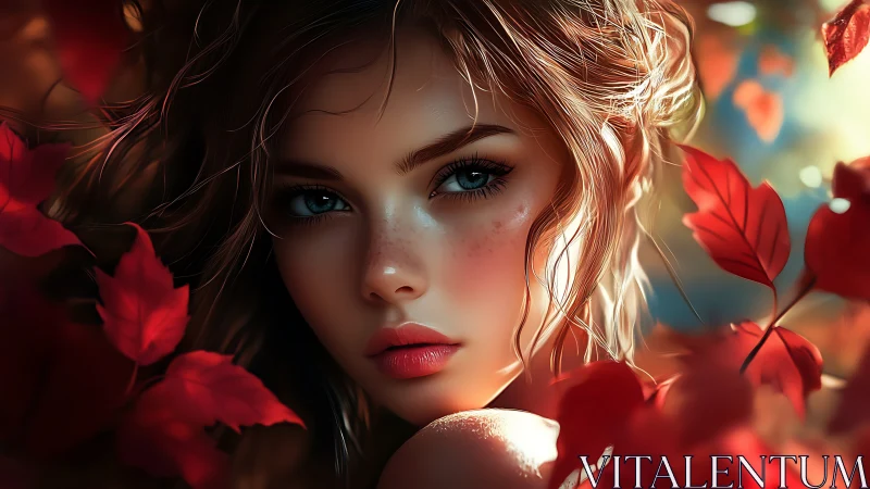 Digital painting portrait in autumnal crimson foliage frame.