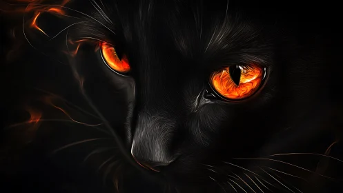 Fiery eyed black cat portrait in dark digital glow.