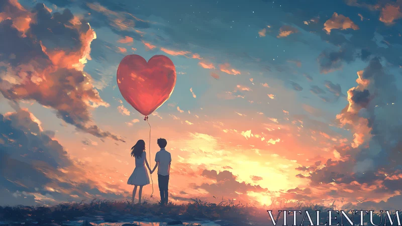 Silhouetted Couple with Red Heart Balloon at Sunset.