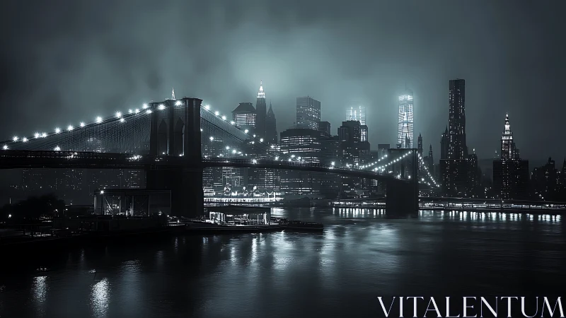 Night bridge and city skyline over calm reflective river.