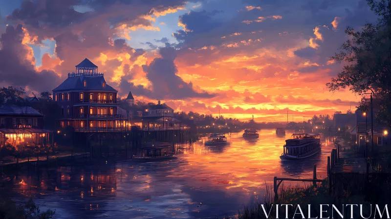 River town waterfront with boats under an orange sunset.