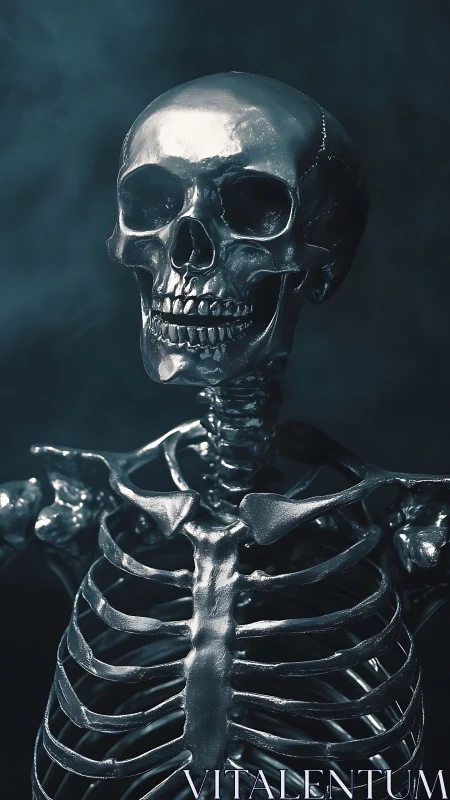 Chromed human skeleton rendered in moody studio lighting.
