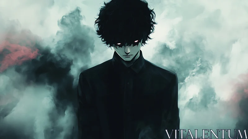 Dark-haired figure with glowing eyes emerges from swirling mist