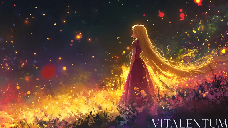 Girl with golden hair walks through glowing night meadow