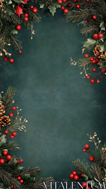 Festive evergreen border framing vintage teal backdrop.