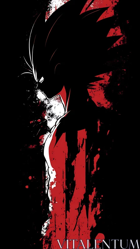 Saiyan silhouette cuts through red abstract splatter storm.