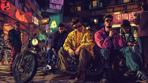 Neon-lit urban biker gang posed in dense alleyway scene