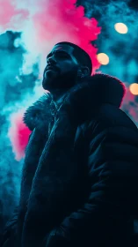 Neon-lit man exhales smoke in moody urban nightscape.