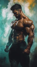 Muscular male torso framed by teal and gold smoke clouds.