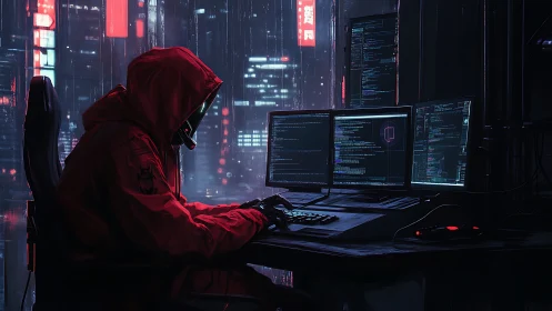 Hooded hacker at multi monitor workstation in neon city.