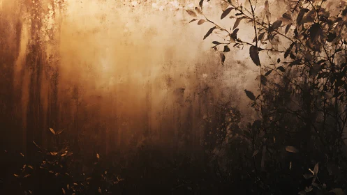 Autumnal Mist Through Silhouetted Forest Branches.