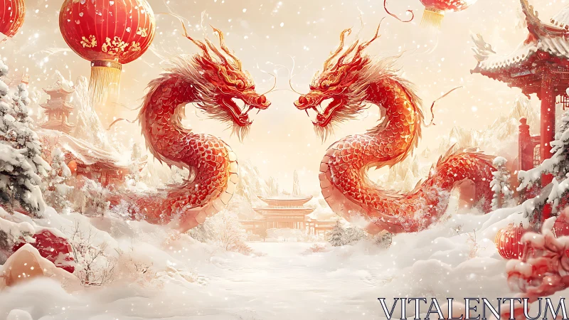 Twin red dragons in snowy Chinese temple landscape scene.