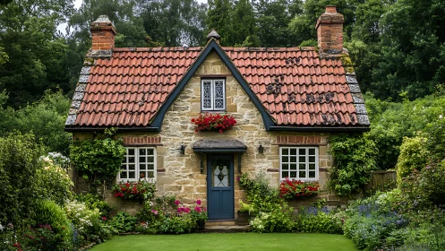 Storybook stone cottage framed by lush summer gardens.