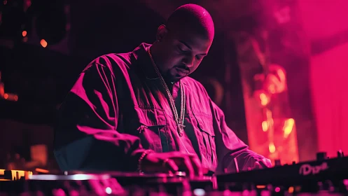 Club DJ in magenta volumetric lighting operating mixer board.