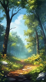 Forest Pathway Drenched in Golden Sunlight Through Towering Canopy.