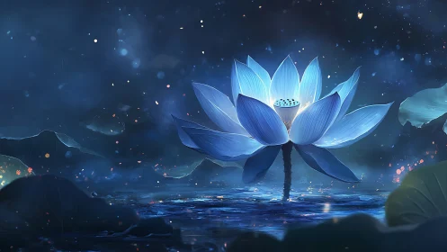 Luminous blue lotus blooms softly within a moonlit mist