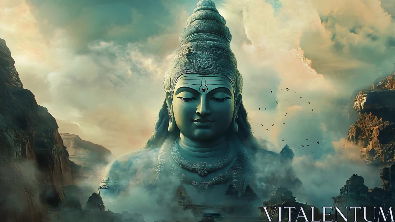 Colossal serene deity statue amid misty mountain valley.