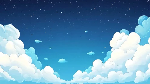 Cartoon sky shows layered cumulus clouds under starry night