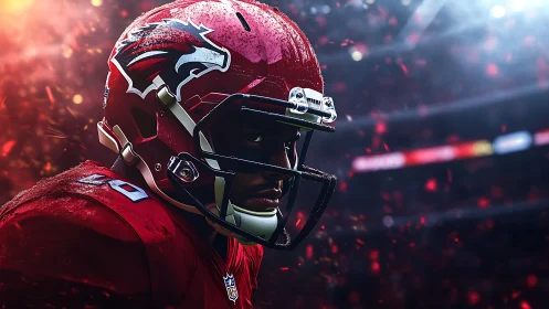 Focused football warrior glowing in dramatic stadium light.