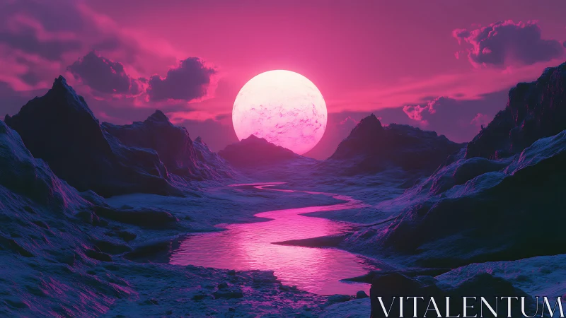 Neon magenta extraterrestrial landscape frames a radiant setting star