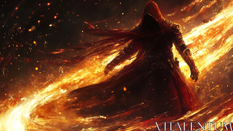 Hooded fire conjurer stride through swirling inferno veil.