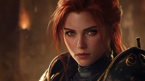 Red-haired armored warrior stares forward with intense focus
