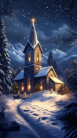 Snowy mountain church at night with warm glowing lights.