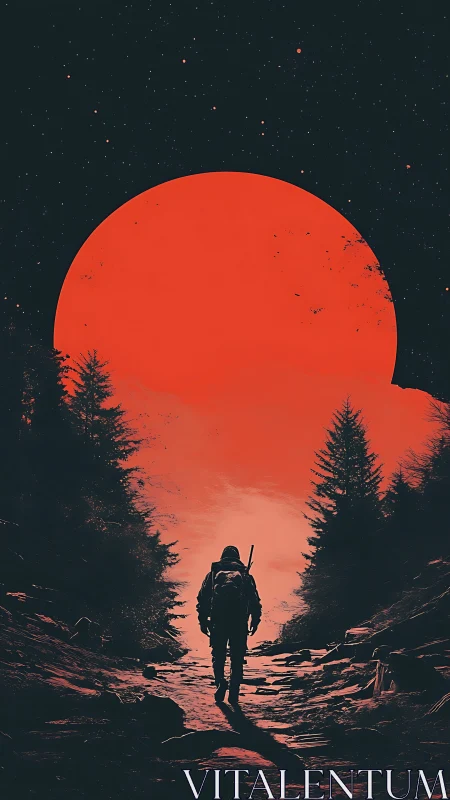 Lone hiker walking toward oversized red sun horizon.