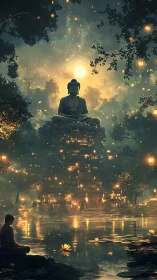 Moonlit Buddha floats above lantern lake in hush of night