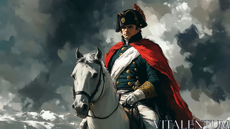Mounted military officer in red cloak under stormy sky.