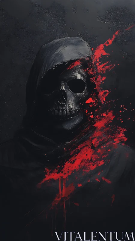 Hooded skull figure with red paint streak across face.