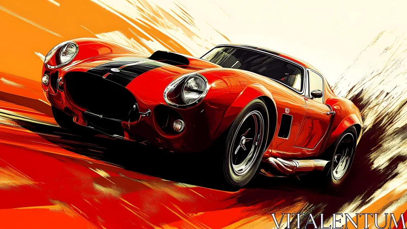 Crimson classic racer slices through molten sunset speedway.