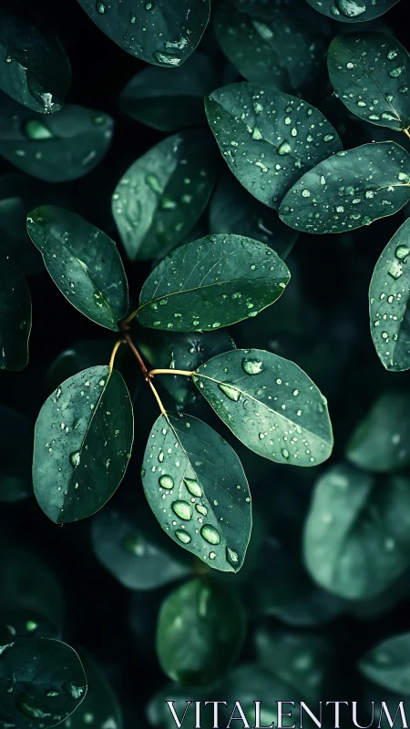 Water droplets sit on dark green oval leaves after rainfall.