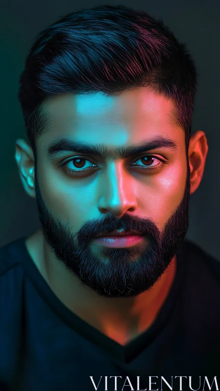 Neon rim-lit male portrait in high-contrast photorealistic style.