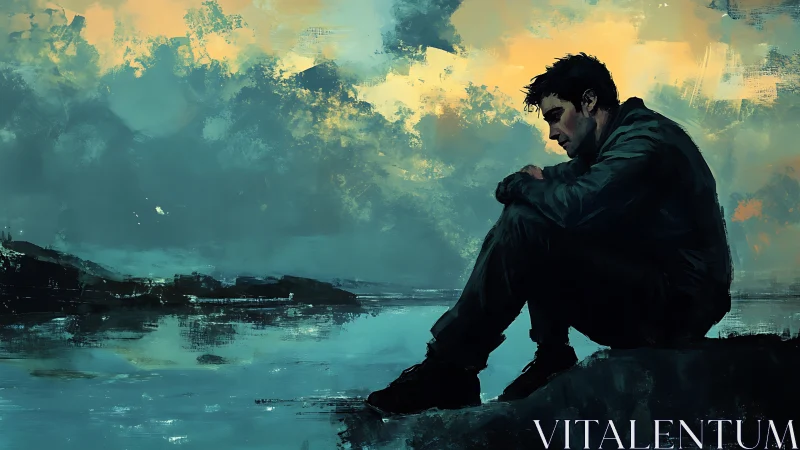 Melancholic shoreline figure in expressive digital painting style.