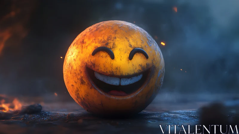 Weathered smiling sphere rests on wet ground in low light