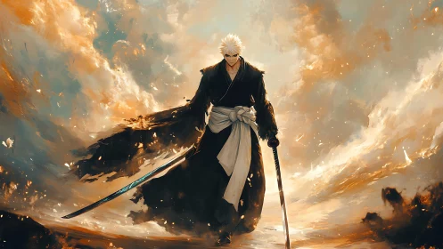 Stormlit swordsman walks forward with calm, steady resolve