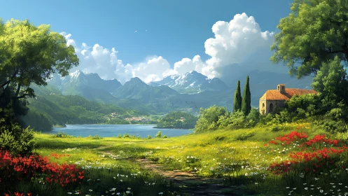 Sunlit lakeside meadow and stone cottage below alpine range.