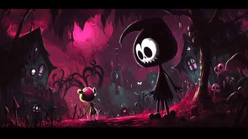 Two stylized figures stand in a dark, red-tinted landscape