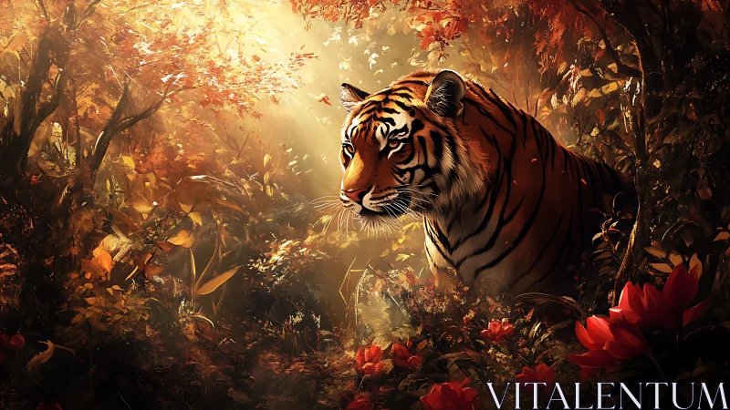 Sunlit jungle monarch prowling through ember-bright bloomscape.