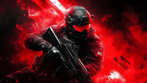 Crimson shock trooper surges through burning digital smoke.