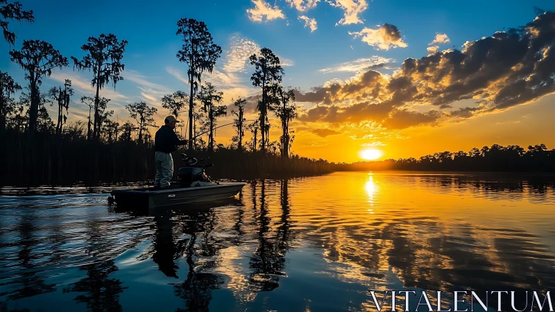 Golden sunset reflects around a peaceful lake fishing moment
