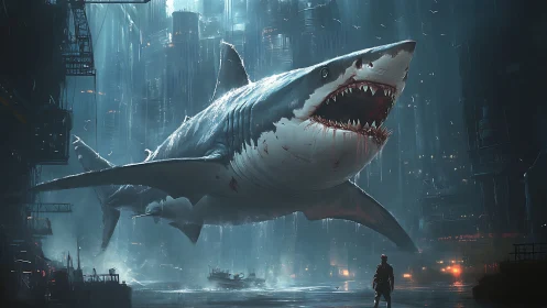 Colossal shark glides through neon city as one figure watches