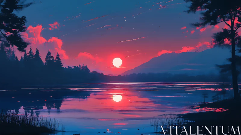 Neon dusk landscape renders mirrored sun over tranquil lake