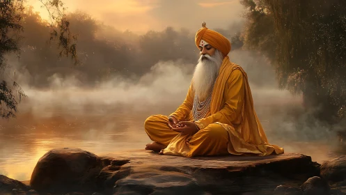 Mystic elder yogi in saffron robes meditating by misty river